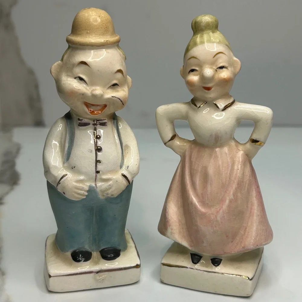 Vintage 2 Sided Happy Grumpy Face Salt Pepper Shakers Japan Ceramic Mid Century